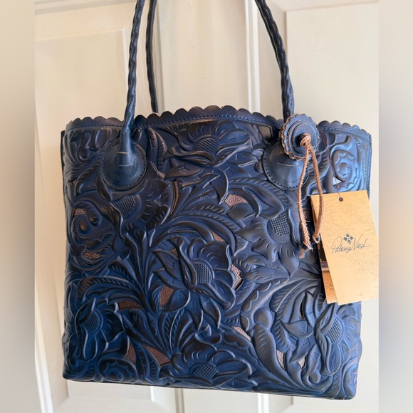 New Adeline Elegant Navy Blue & Silver Embossed Tote Bag Beautiful with Tassel - Picture 2 of 12